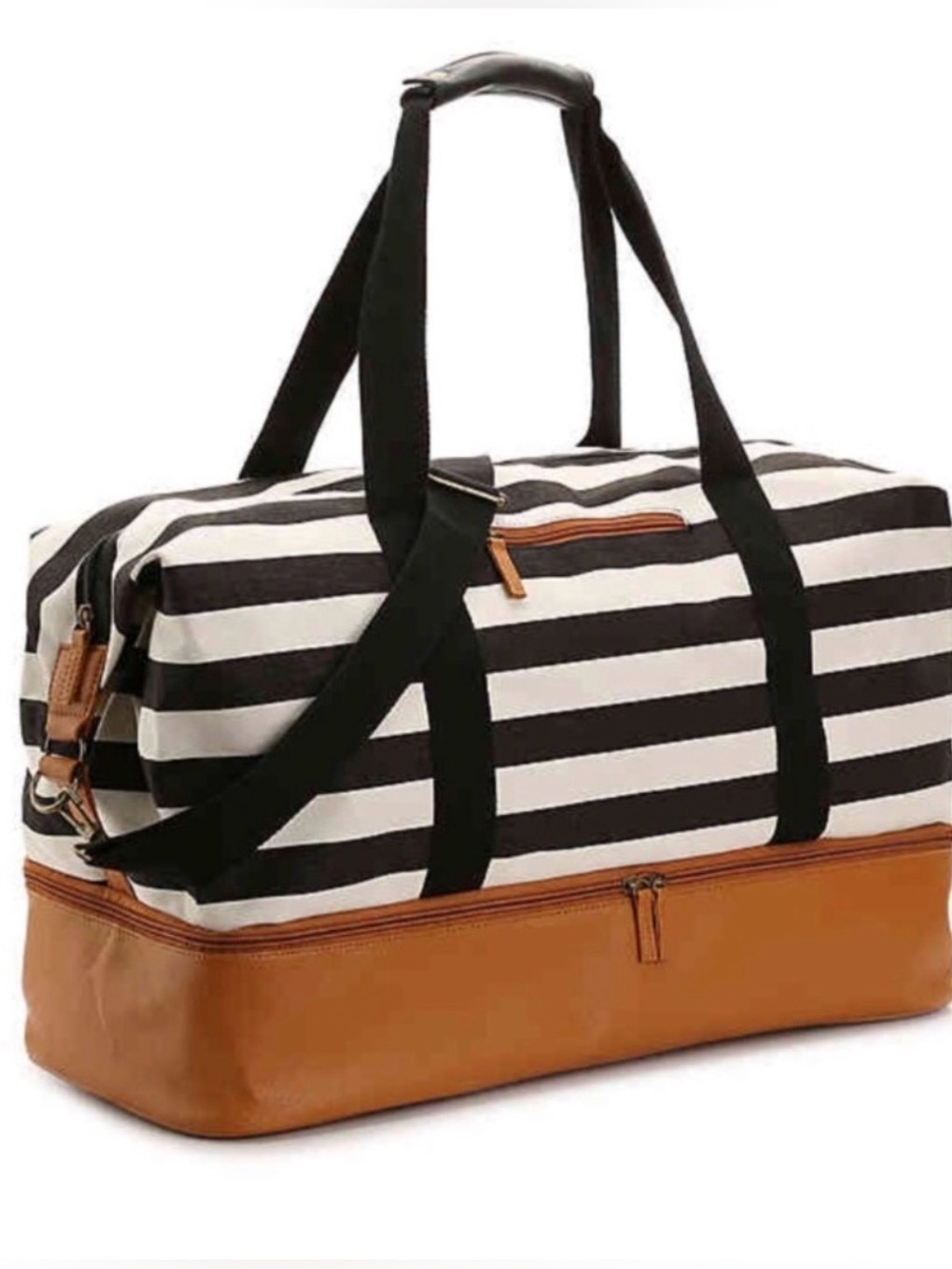 DSW Black/White Striped Weekender Tote bag w/ Brown Accents